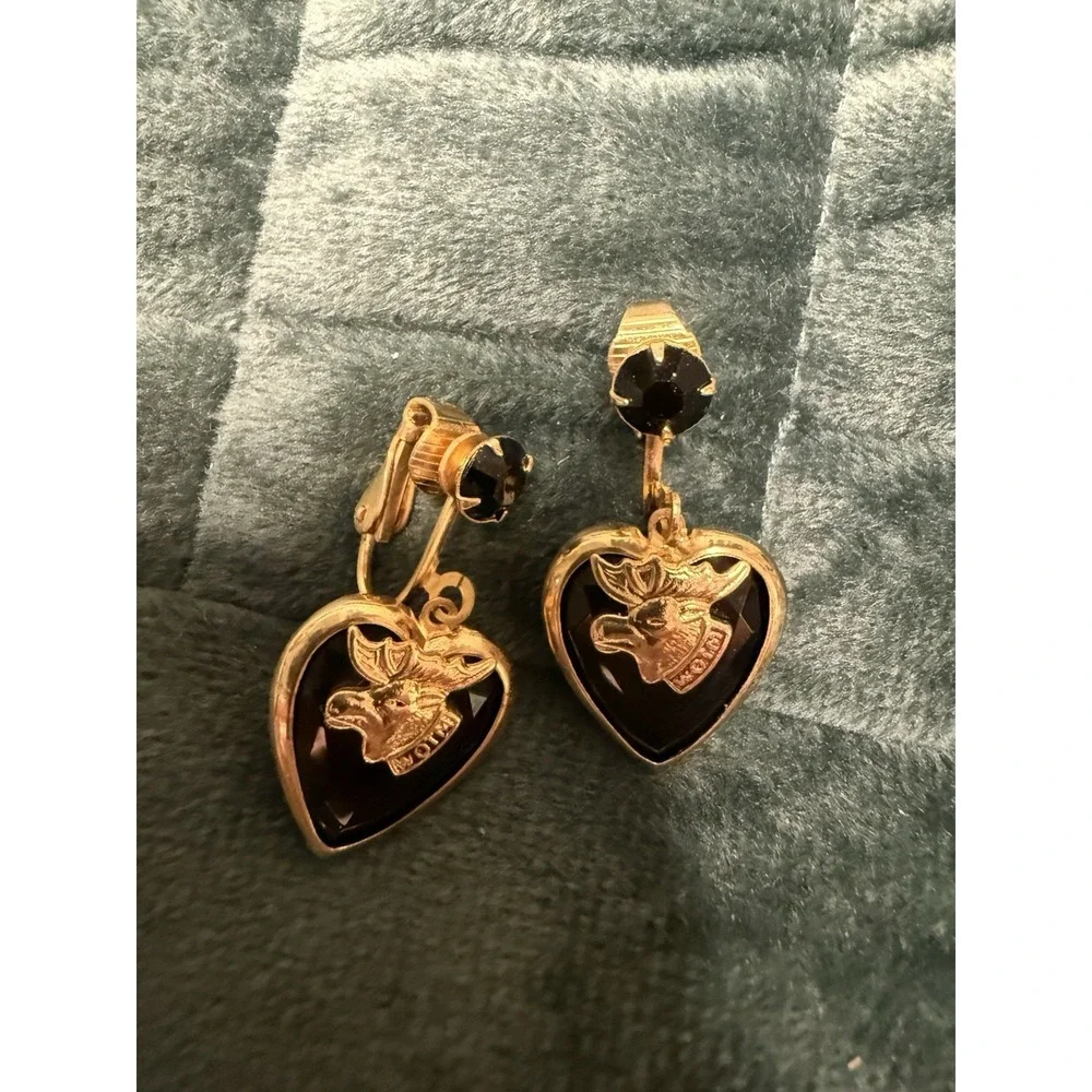 Vintage WOTM Moose Lodge Costume Jewelry Black Heart Earrings Clip On Gold Tone